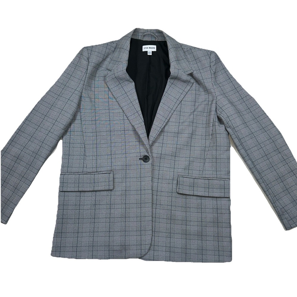 Steve Madden Plaid Blazer Womens Med Lightweight One Button Notch Oversized Gray